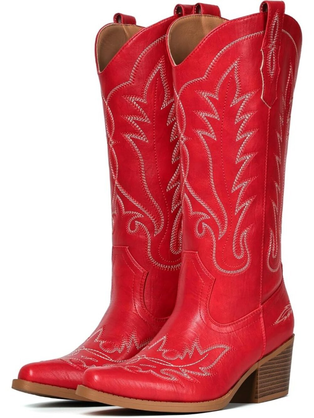 Women Pu Red Pull-On Western Mid-Calf Cowboy Snip Toe Chunky Block Heel